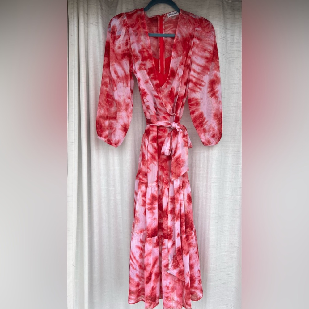 Women’s Calvin Klein Pink & White Midi Long Sleeve Dress
